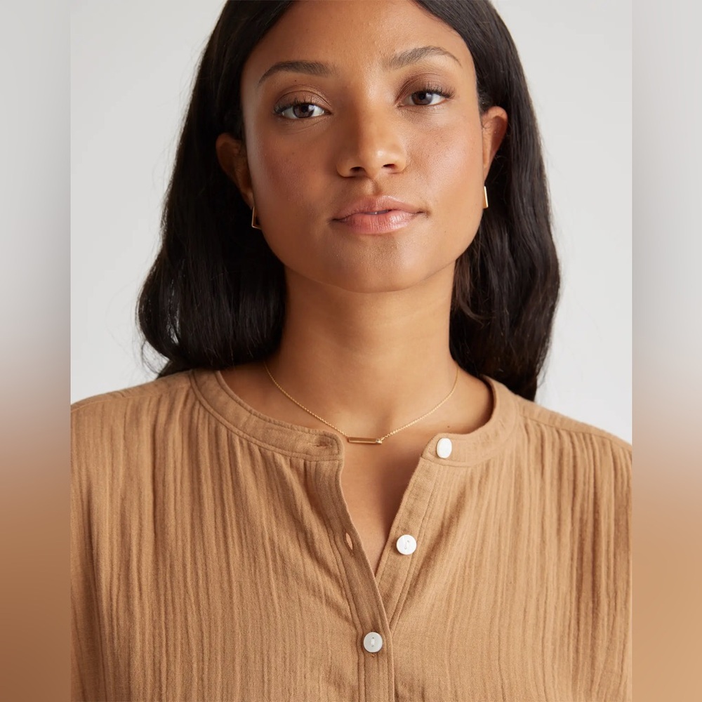 Quince 100% Organic Cotton Gauze Roll Sleeve Boho Office Shirt Toasted Coconut S - Picture 6 of 12
